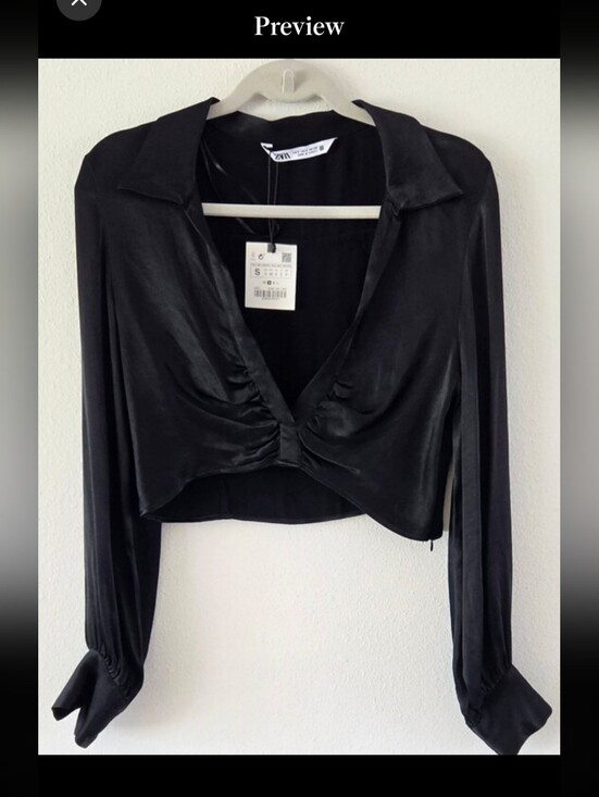 Zara Tops - Zara Black Satin Rauched-Front Long-Sleeve Crop Blouse